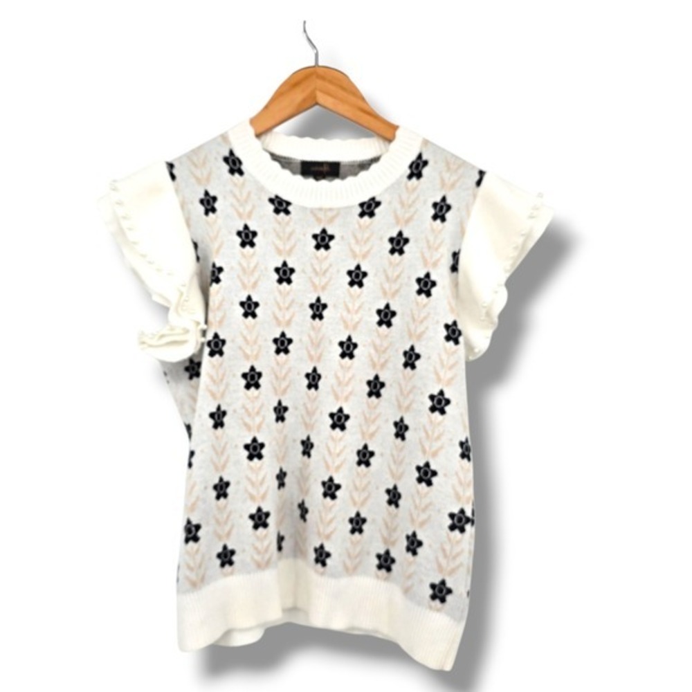 ontWelfth Sweater Vest Sleeveless Knit Top Flower Pattern Pearl Trim White